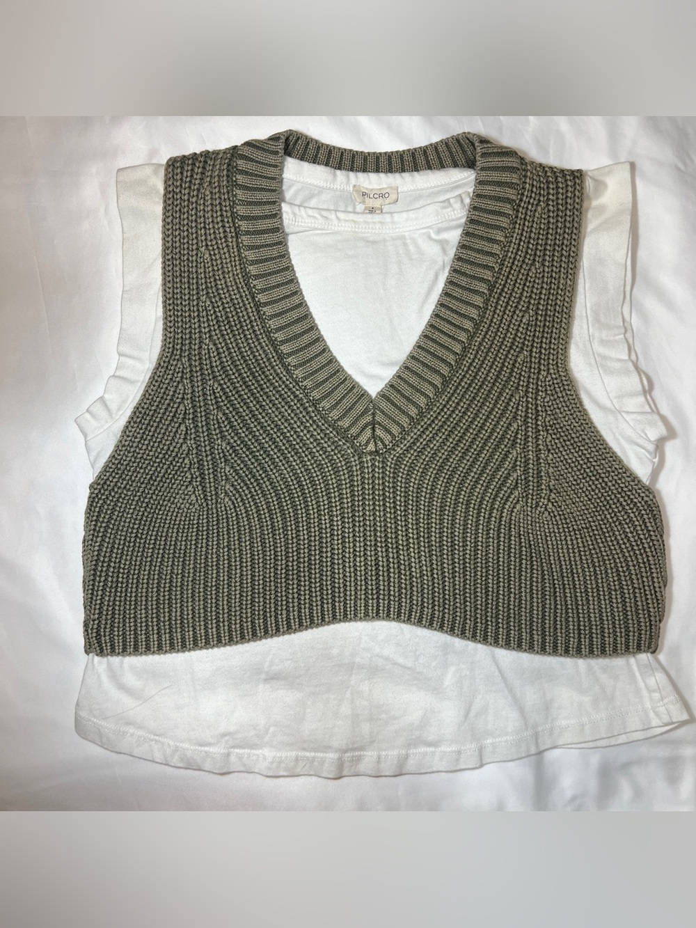 Pilcro Anthropologie Olive Sweater Vest Layered Ruffle Sleeve Top S